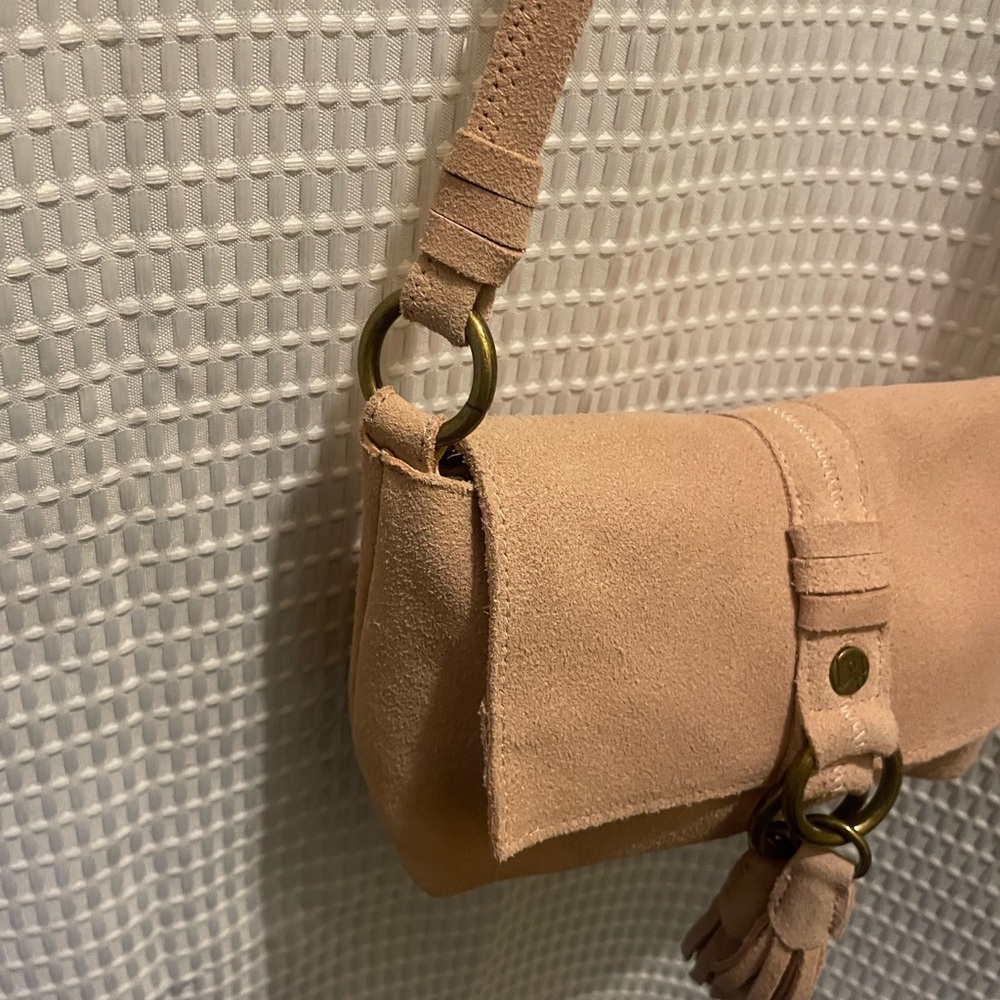 Tan suede Crossbody Bag with Tassel Accent - Picture 3 of 16